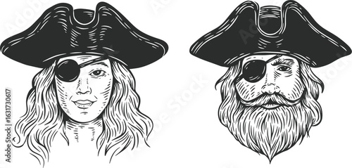 Portrait of male and female pirate with hat and eye patch in hand draw sketch style. Monochrome vector illustration.