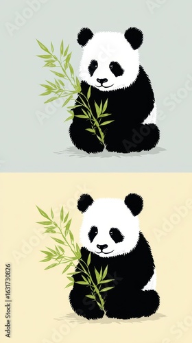 Two adorable cartoon pandas sitting with bamboo on light backgrounds, expressing calmness and cuteness in a playful illustration