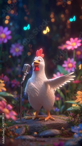 Colorful animation featuring a singing chicken in a vibrant flower garden surrounded by music notes