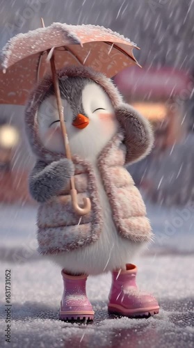 Cute penguin in pink boots and umbrella walks in the rain on a chilly day