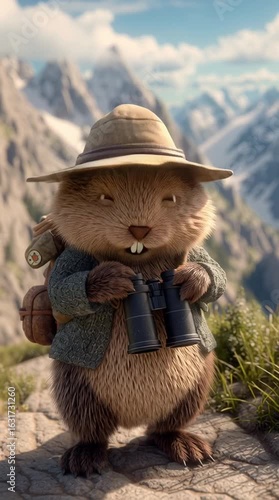Adventurous beaver exploring mountains with binoculars in lush forest