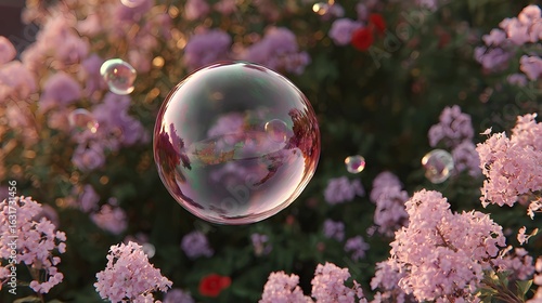 Twilight sky cradles a lone bubble as it floats gently, glowing with warmth and serenity.