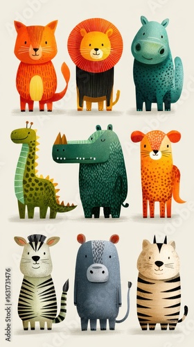 Colorful cartoon animals gathered together in a playful display showcasing diversity and fun characteristics