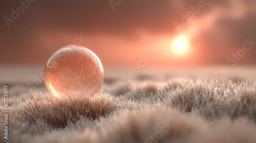 Twilight sky cradles a lone bubble as it floats gently, glowing with warmth and serenity.