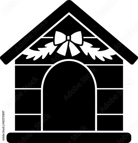 Christmas Dog house silhouette vector design.
Doghouse decorated with Christmas tree strings.
Winter season doghouse for Pet silhouette.
Transparent background. svg.