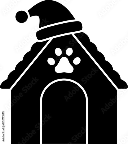 Christmas Dog house silhouette vector design.
Doghouse decorated with a Santa hat.
Winter season doghouse for Pet silhouette.
Transparent background. svg.
