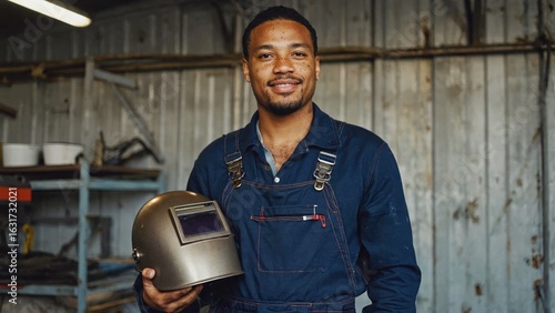 portrait of a smiling welder with helmet