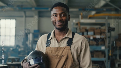 portrait of a smiling welder with helmet