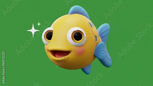 A cheerful cartoon fish with blue fins and a bright yellow body.