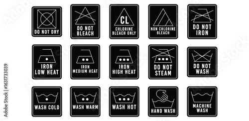 Laundry Care Instruction Fill Black Icon Bundle A Set of Pixel Art Laundry Symbols Vector Design Flat Illustration Collections