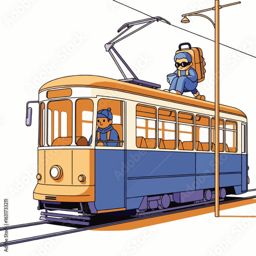 A vintage tram travels along its route, with a passenger sitting on the roof and the driver inside.