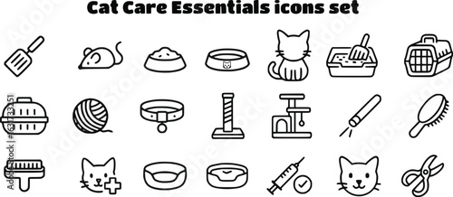 Set of  cat care essentials icons set including litter scoop, toy mouse, food bowl, collar, sitting cat, litter box, carrier, yarn ball, scratching post, grooming brush, medical kit, syringe 