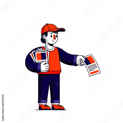 Cartoon man in a cap distributing flyers or pamphlets, holding a stack of papers.