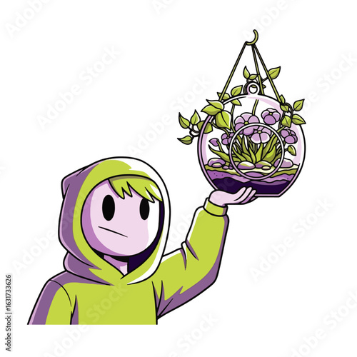 Cartoon character holding a hanging terrarium with purple flowers and green leaves inside a glass ball.