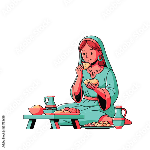 A cartoon woman in traditional clothing sits and enjoys a meal, surrounded by various dishes and food items.
