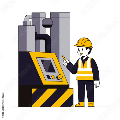 A worker in safety gear operates industrial machinery, pointing at a control panel.