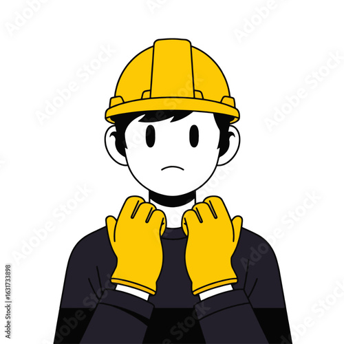Worried construction worker in yellow hard hat and gloves.
