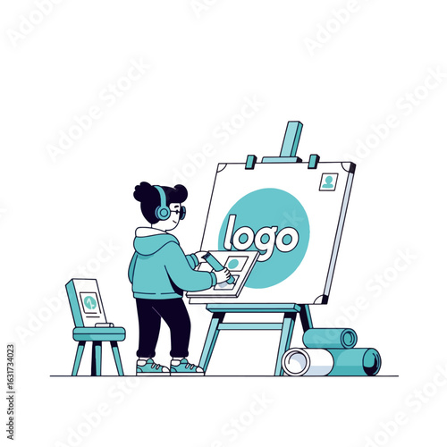 A young graphic designer works on a logo design on an easel, surrounded by design tools.