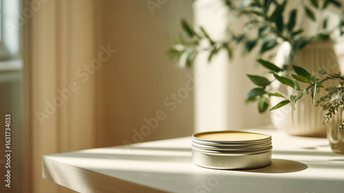 Round Tin of Natural Balm Resting on Corner of Wooden Surface in Neutral Interior with Soft Natural Lighting