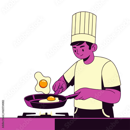 A young chef skillfully cooks sunny-side-up eggs in a frying pan over a gas stove.