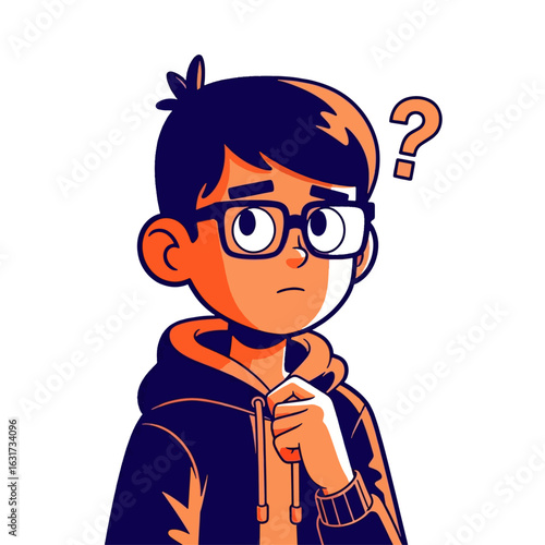 A thoughtful young boy with glasses contemplates a question, hand on chin, illustrated in a cartoon style.