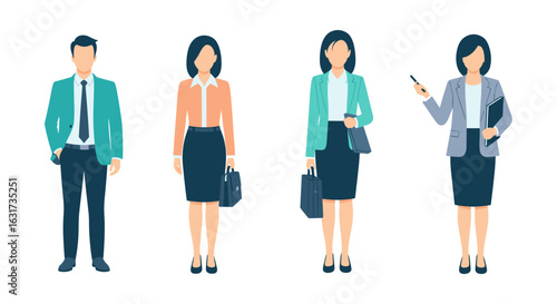 A diverse group of professional business people standing in a row, showcasing teamwork and corporate culture with clean, modern vector graphics on a white background.