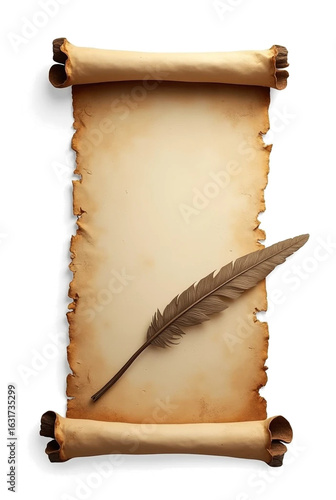 Ancient scroll and quill vintage writing tools on transparent background