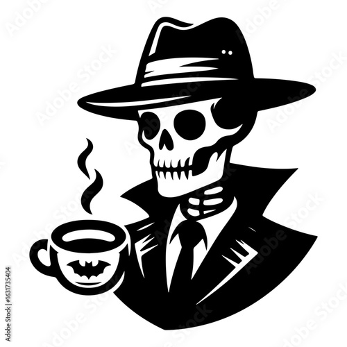 Black and white vector illustration of a skeleton in a hat holding a coffee cup with a bat flying nearby. Halloween-themed spooky yet playful design silhouette