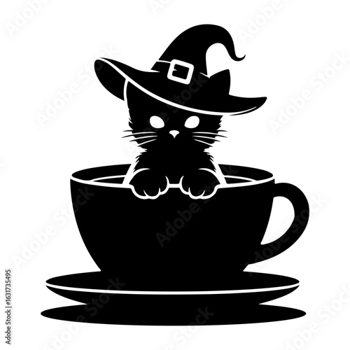 cat with cup of coffee Kitten in a witch hat is sitting in a Cup of coffee