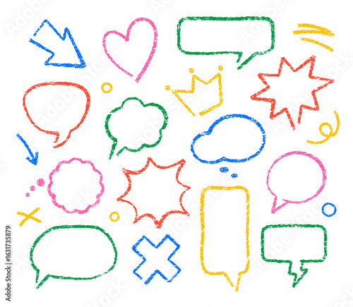 Playful hand drawn contour speech bubbles, line stickers with crayon, chalk or pencil texture. Round, oval, cloud, rectangular text balloons. Heart, arrow, burst, crown shape. Childish scribble style