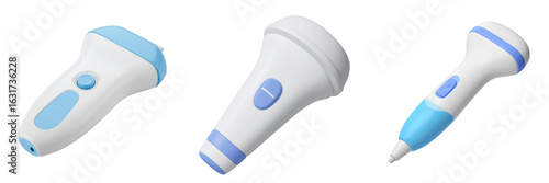 3D Plastic Style Ultrasound Probe Icon Isolated On Transparent Background Featuring White And Blue Color Scheme