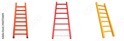 3D Plastic Style Ladders in Orange Red and Yellow Against a Transparent Backdrop Representing Construction Access and Height