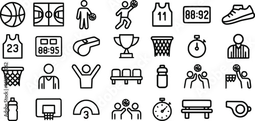 Set of basketball  icons including court, player, dribbling, jersey, scoreboard, shoe, whistle, trophy, basket, stopwatch, referee, bench gameplay, scoring . Concept of sports, basketball, competition