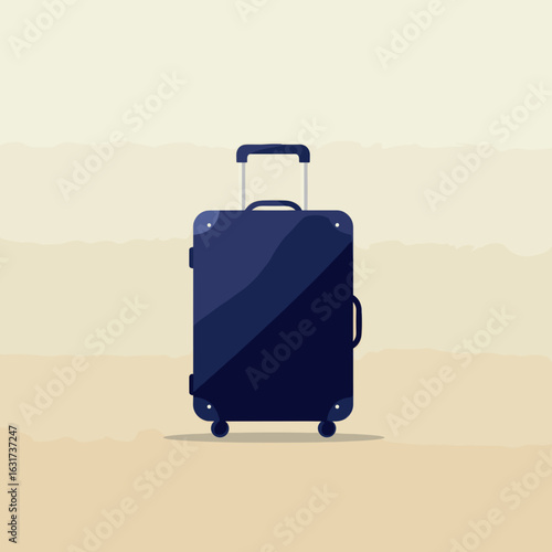A navy suitcase stands against a soft beige background, symbolizing travel and adventure