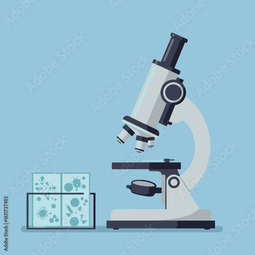 A modern microscope on a lab table with a soft blue background, ideal for educational use