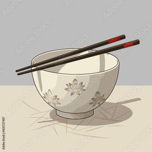 Elegant ceramic bowl with chopsticks resting on the rim, set against a minimalist backdrop