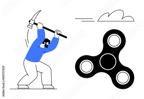 Worker striking with pickaxe beside oversized fidget spinner symbolizes effort, balance, and innovation. Ideal for productivity, labor, balance, creativity, determination, stress relief