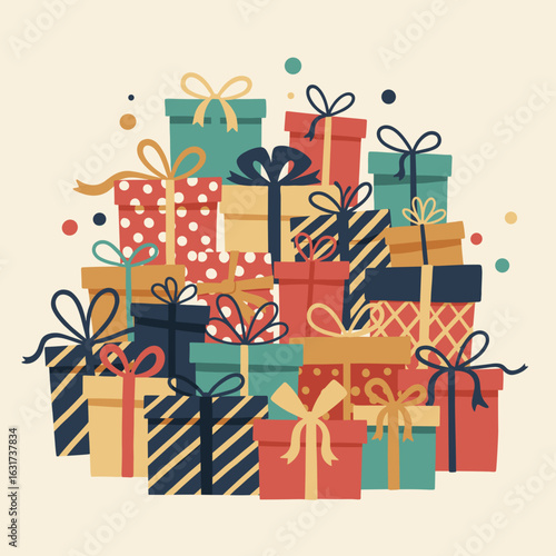 A colorful stack of festive gift boxes with ribbons and bows, celebrating a joyful occasion