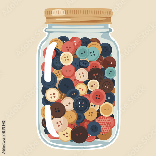 Colorful buttons in a glass jar, showcasing a variety of shapes and sizes against a neutral background
