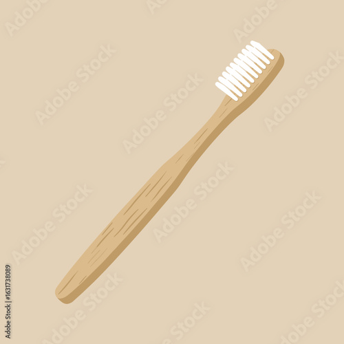 Wooden toothbrush on a neutral background, emphasizing eco-friendly dental care
