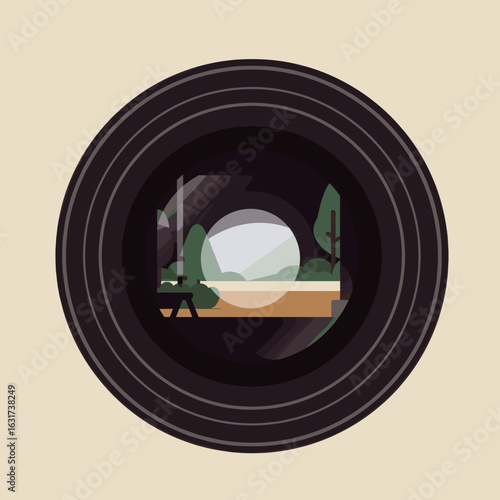 A photographer capturing a serene landscape through a camera lens, showcasing nature