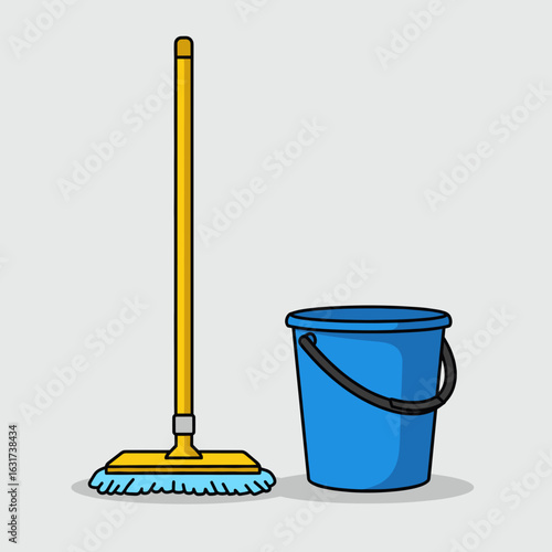 Cleaning tools including a blue bucket and a mop in a minimalistic indoor setting