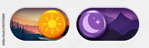 On and Off toggle switch buttons. Dark mode and light mode. Material design switch set. Day and night mode switch button.