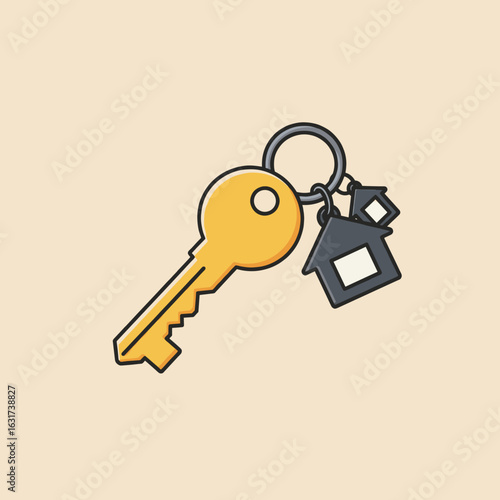 A close-up of a golden key with house-shaped keychain against a soft background