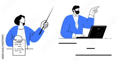 Two professionals collaborating one presenting with a pointer and document, another using a laptop. Ideal for teamwork, leadership, communication, strategy, brainstorming, education, simple landing