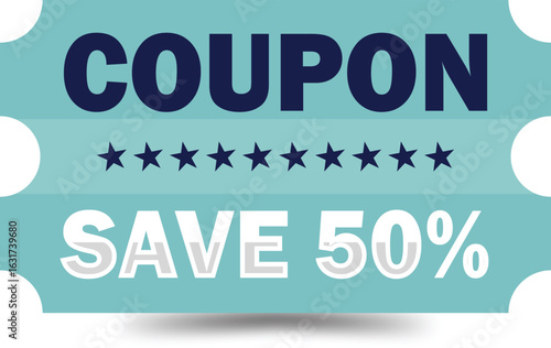 Blue Save 50% Coupon Ticket Clipart – Half Price Discount Voucher PNG. Discount coupon 50% off 