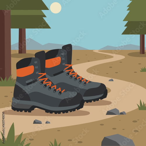 Hiking boots resting on a trail in a scenic outdoor landscape with trees and mountains