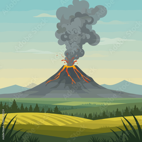 Erupting volcano spewing ash and lava against a serene landscape backdrop