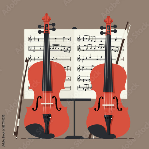 Two vibrant violins resting on a sheet of music, creating a harmonious atmosphere