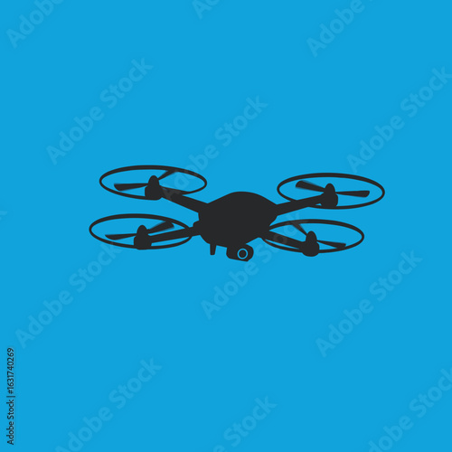 A sleek drone hovering against a vibrant blue background, showcasing aerial technology